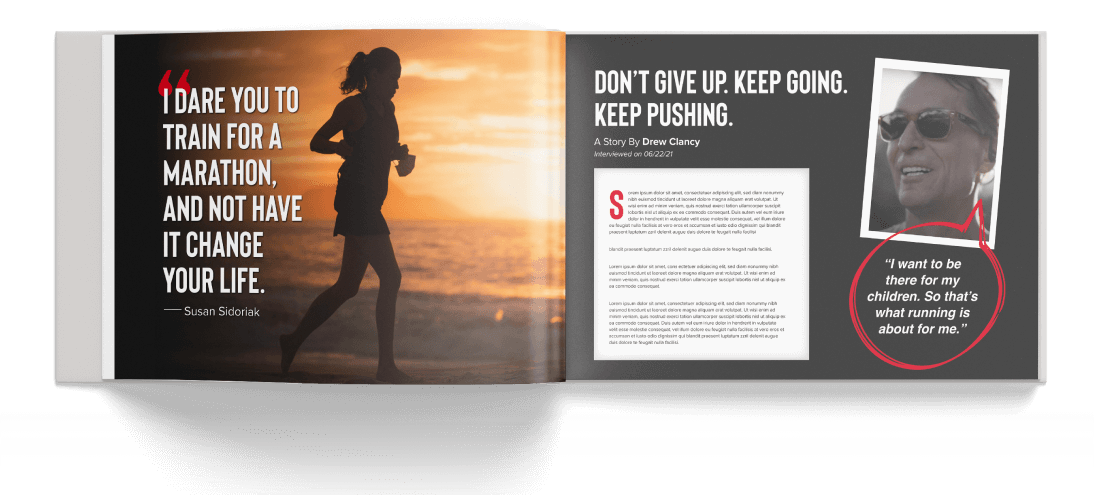 Open book showing a silhouette of a runner and quotes from another runner.