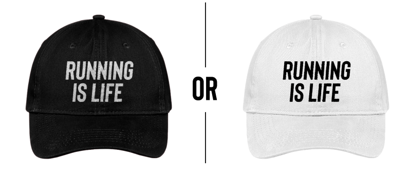 Two Running Is Life branded baseball caps with the word "or" between them. One is black with white text, and the other is white with black text.