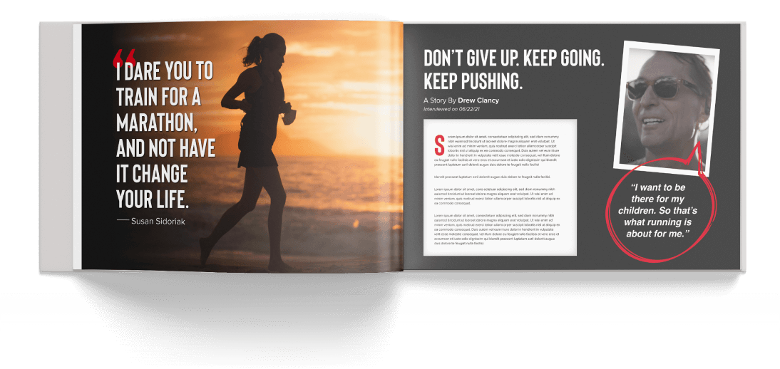 Open book showing a silhouette of a runner and quotes from another runner.
