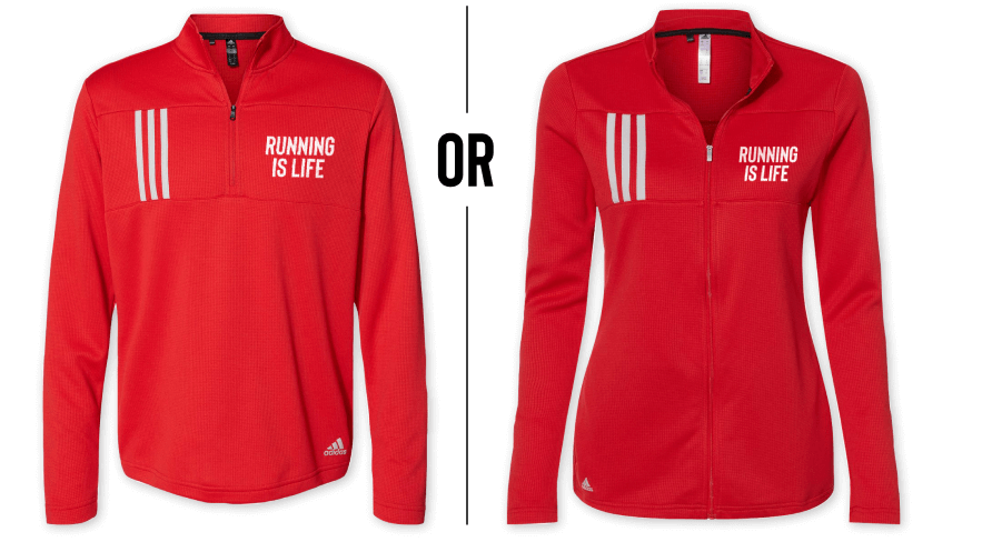 Two red Running Is Life branded quarter zips with the word "or" between them. One is men's cut and the other women's.