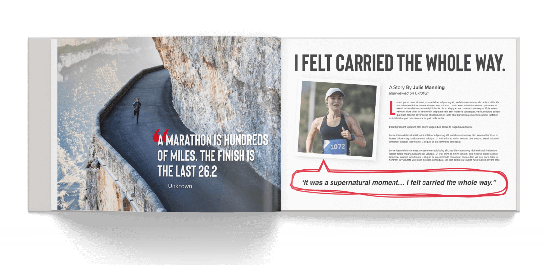 Coffee table book open to a photo of a runner on a mountain and pull quotes from Julie Manning.
