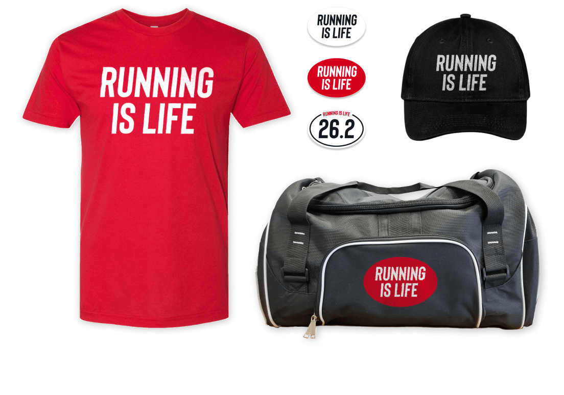 Red and black Running Is Life merch, including a t-shirt, stickers, baseball cap, and duffel bag.