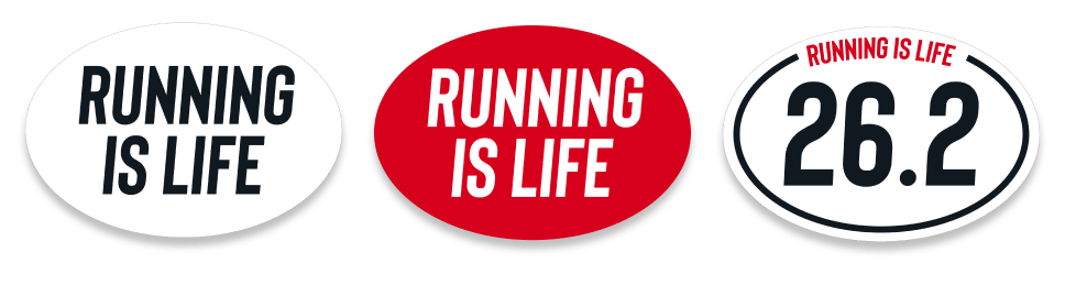 Three Running Is Life stickers in red, white, and black.