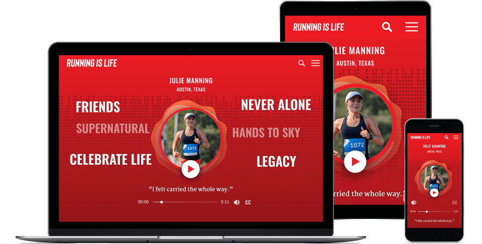 Laptop, tablet, and phone on a red Running Is Life webpage, showing the audio recordings from interviews.