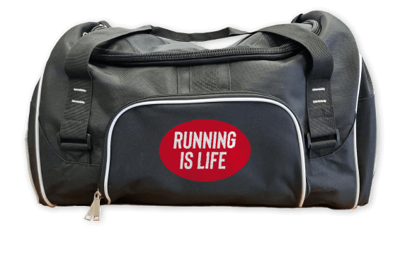 Black Running Is Life branded duffel bag.